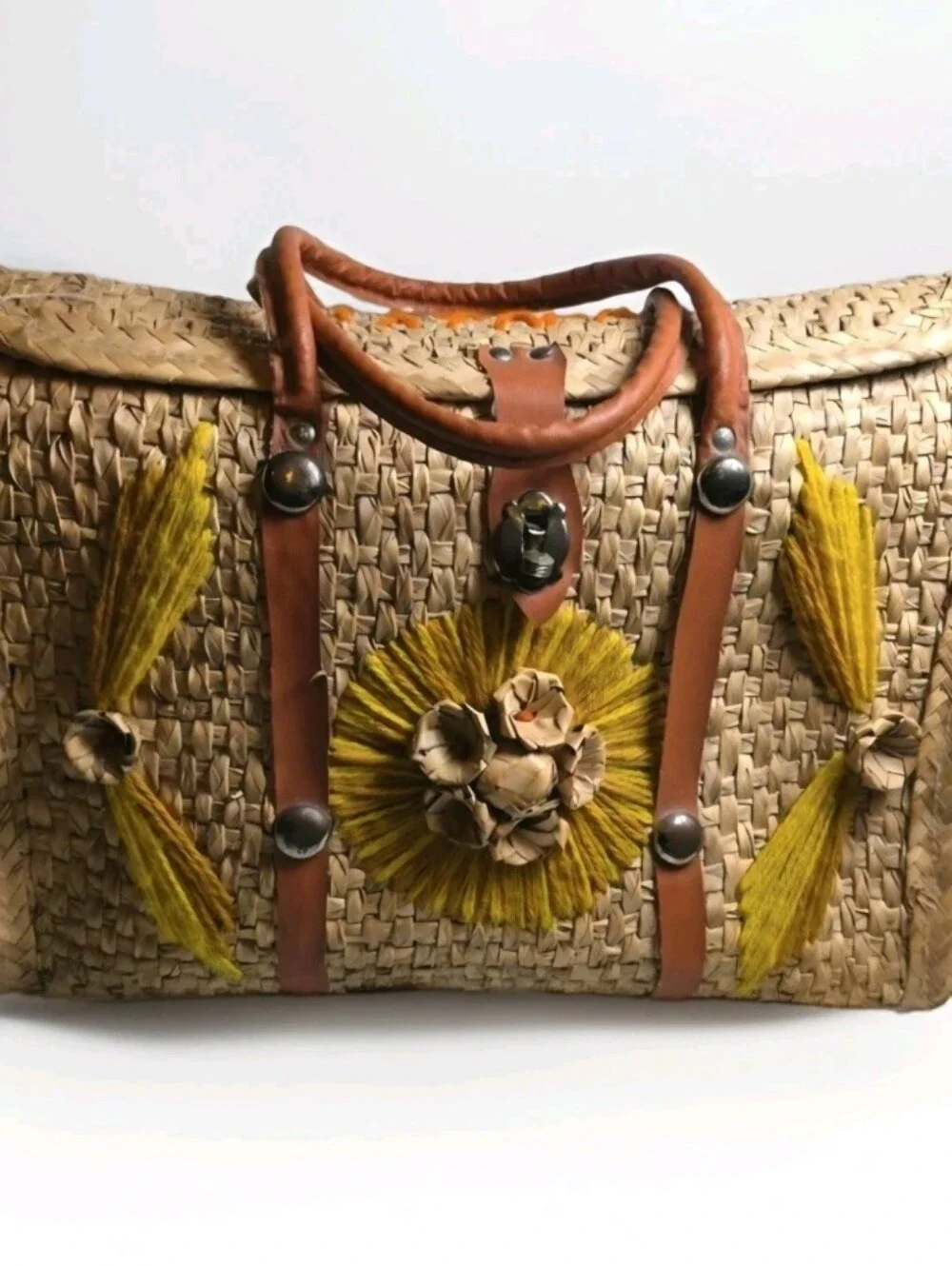 Woven Straw Tote Bag with Yellow Embroidery